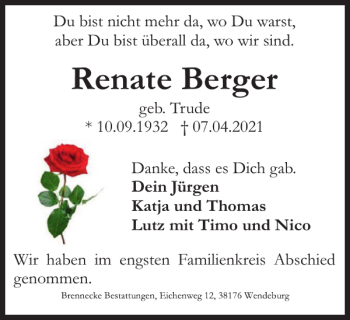 Traueranzeige von Renate Berger von Braunschweiger Zeitung