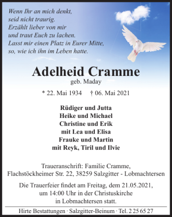 Traueranzeige von Adelheid Cramme von Salzgitter Zeitung