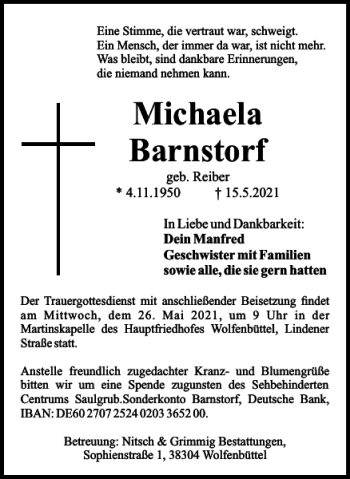 Traueranzeige von Barnstorf Michaela von Wolfenbütteler Zeitung