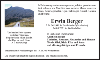 Traueranzeige von Erwin Berger von Wolfenbütteler Zeitung