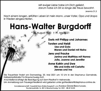 Traueranzeige von Hans-Walter Burgdorff von Braunschweiger Zeitung