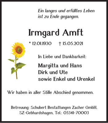 Traueranzeige von Irmgard Amft von Salzgitter Zeitung