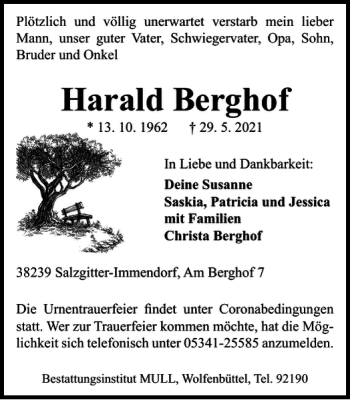 Traueranzeige von Harald Berghof von Salzgitter Zeitung