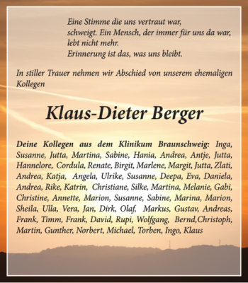 Traueranzeige von Klaus-Dieter Berger von Braunschweiger Zeitung