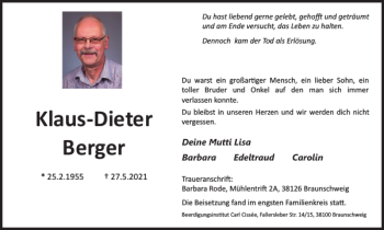 Traueranzeige von Klaus-Dieter Berger von Braunschweiger Zeitung