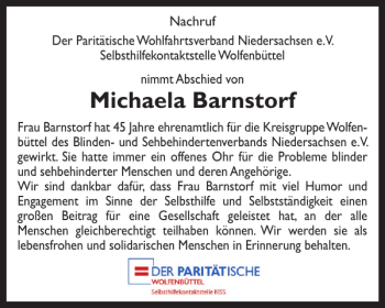 Traueranzeige von Michaela Barnstorf von Wolfenbütteler Zeitung