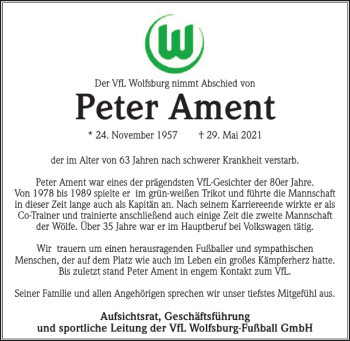 Traueranzeige von Peter Ament von Wolfsburger Nachrichten