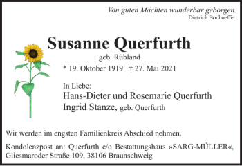 Traueranzeige von Susanne Querfurth von Braunschweiger Zeitung