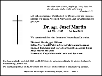 Traueranzeige von Dr. Josef Martin von Braunschweiger Zeitung