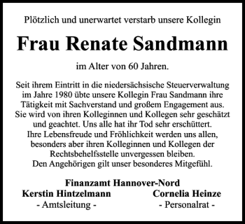 Traueranzeige von Frau Renate Sandmann von Braunschweiger Zeitung