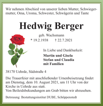 Traueranzeige von Hedwig Berger von Wolfenbütteler Zeitung