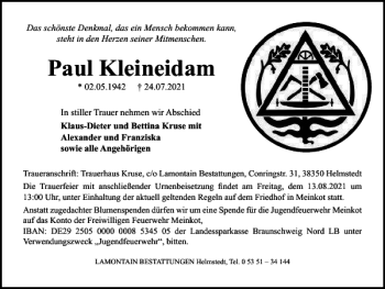 Traueranzeige von Paul Kleineidam von Wolfsburger Nachrichten