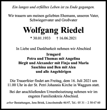 Traueranzeige von Wolfgang Riedel von Braunschweiger Zeitung