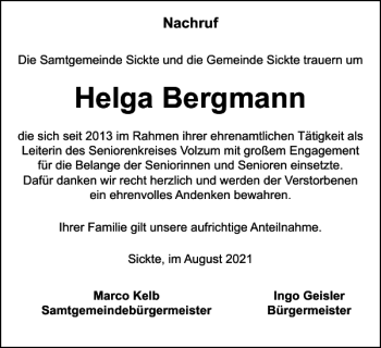 Traueranzeige von Helga Bergmann von Wolfenbütteler Zeitung