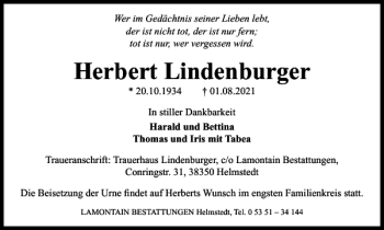 Traueranzeige von Herbert Lindenburger von Wolfsburger Nachrichten