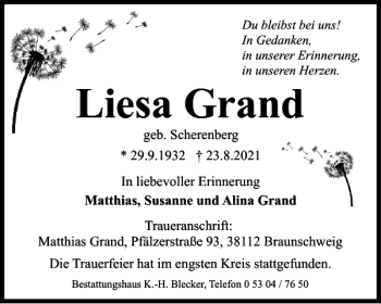 Traueranzeige von Liesa Grand von Braunschweiger Zeitung