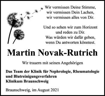 Traueranzeige von Martin Novak-Rutrich von Braunschweiger Zeitung