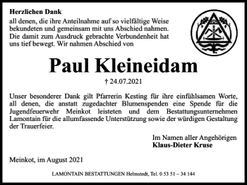 Traueranzeige von Paul Kleineidam von Wolfsburger Nachrichten