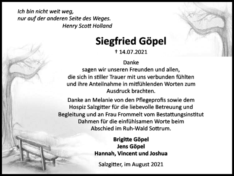  Traueranzeige für Siegfried Göpel vom 11.08.2021 aus Salzgitter Zeitung