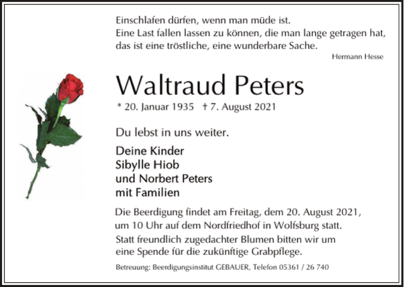 Traueranzeigen Von Waltraud Peters | Trauer38.de