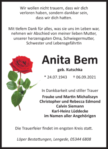 Traueranzeige von Anita Bem von Peiner Nachrichten