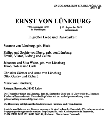 Traueranzeige von ERNST VON LÜNEBURG von Braunschweiger Zeitung