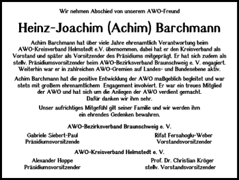 Traueranzeige von Heinz-Joachim Achim Barchmann von Braunschweiger Zeitung