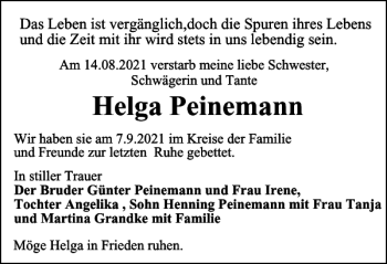 Traueranzeige von Helga Peinemann von Wolfenbütteler Zeitung