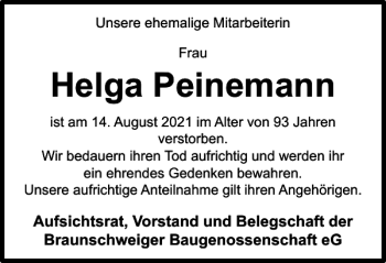 Traueranzeige von Helga Peinemann von Braunschweiger Zeitung