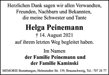 Traueranzeige von Helga Peinemann von Braunschweiger Zeitung