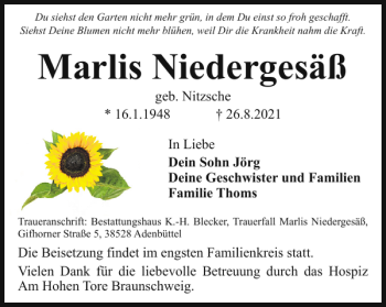 Traueranzeige von Marlis Niedergesäß von Braunschweiger Zeitung