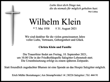 Traueranzeige von Wilhelm Klein von Salzgitter Zeitung