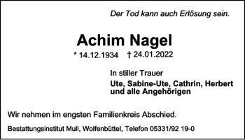 Traueranzeige von Achim Nagel von Wolfenbütteler Zeitung