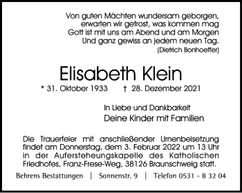 Traueranzeige von Elisabeth Klein von Braunschweiger Zeitung