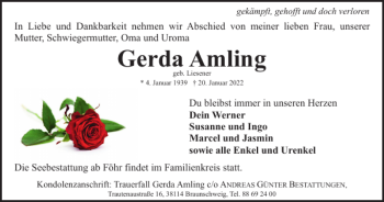 Traueranzeige von Gerda Amling von Braunschweiger Zeitung