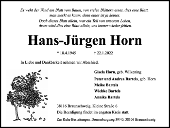 Traueranzeige von Hans-Jürgen Horn von Braunschweiger Zeitung