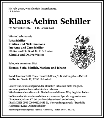 Traueranzeige von Klaus-Achim Schiller von Wolfsburger Nachrichten