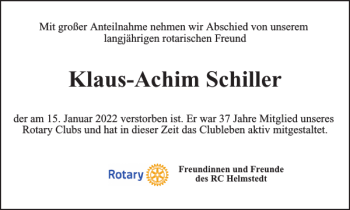 Traueranzeige von Klaus-Achim Schiller von Helmstedter Nachrichten