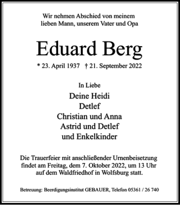 Traueranzeige von Eduard Berg von Wolfsburger Nachrichten