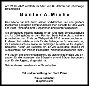 Traueranzeige von Günter AMiehe von Peiner Nachrichten