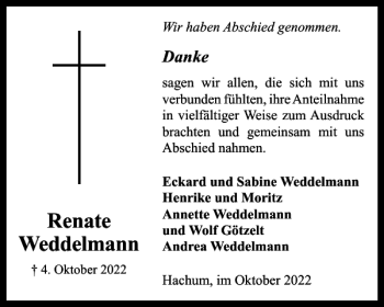 Traueranzeige von Renate Weddelmann von Braunschweiger Zeitung