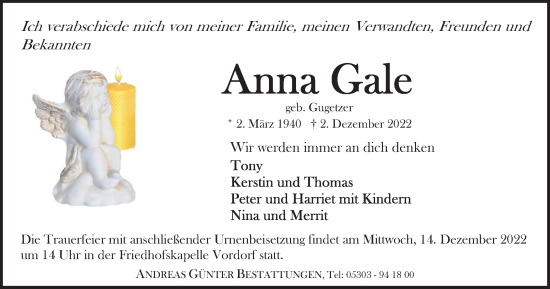 Traueranzeige von Anna Gale von Wolfsburger Nachrichten