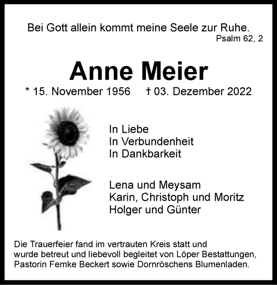 Traueranzeige von Anne Meier von Peiner Nachrichten