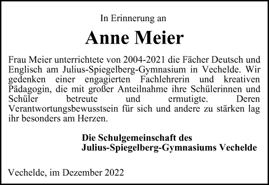 Traueranzeige von Anne Meier von Peiner Nachrichten