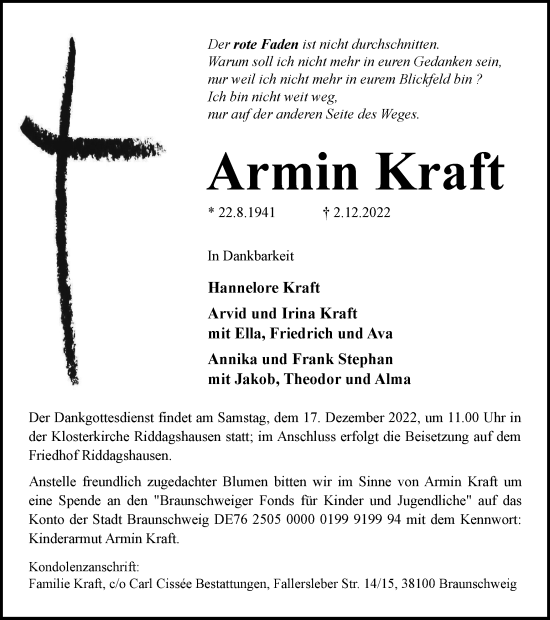 Traueranzeige von Armin Kraft von Braunschweiger Zeitung