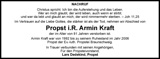 Traueranzeige von Armin Kraft von Braunschweiger Zeitung