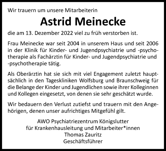 Traueranzeige von Astrid Meinecke von Braunschweiger Zeitung