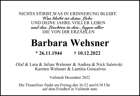 Traueranzeige von Barbara Wehsner von Braunschweiger Zeitung