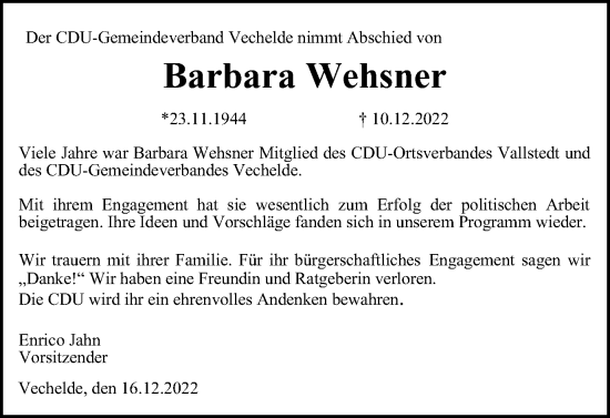 Traueranzeige von Barbara Wehsner von Peiner Nachrichten