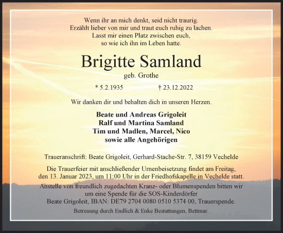 Traueranzeige von Brigitte Samland von Peiner Nachrichten